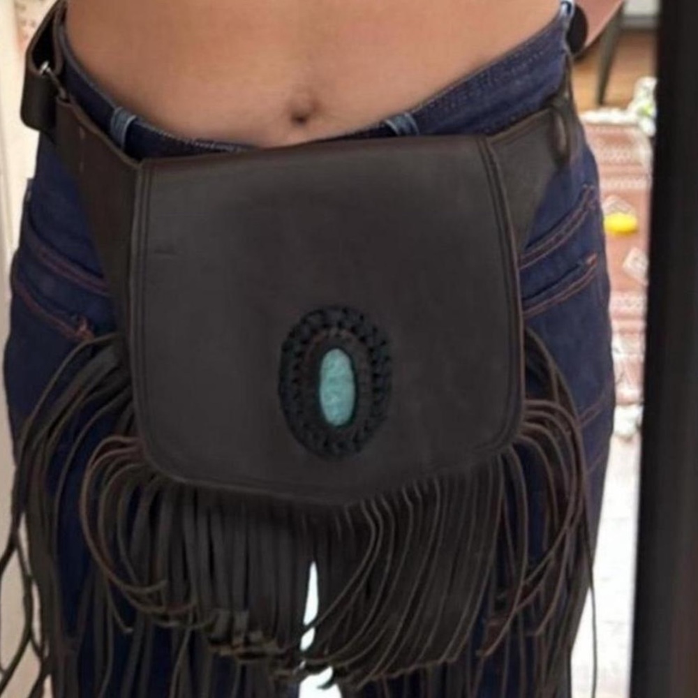 Brown handmade fringe festival belt bag with turquoise stone detail - Picture 3 of 6